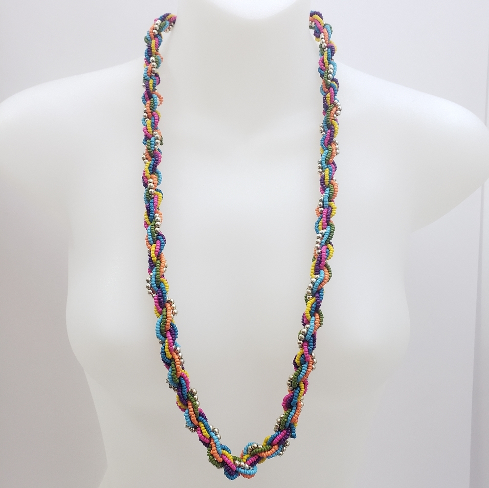 Multi-Color Glass Seed Beaded Necklace in Goldtone